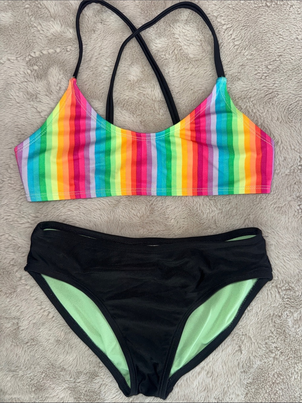 art class Rainbow Striped Bikini Top with Black Bottoms